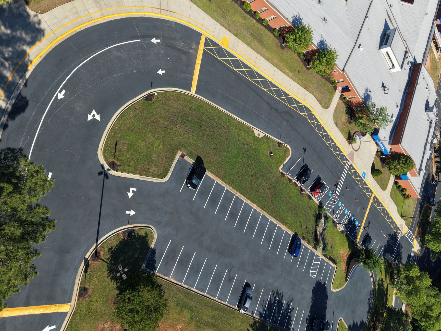 Aerial view of freshly striped school parking lot
